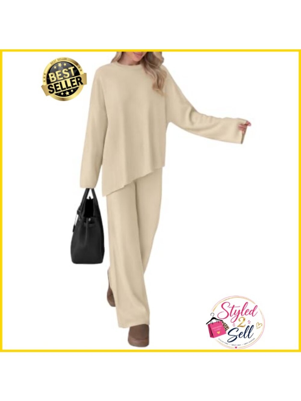 2 Piece Sweater Lounge Set Asymmetric Hem Wide Leg Pants Cozy Knit Travel